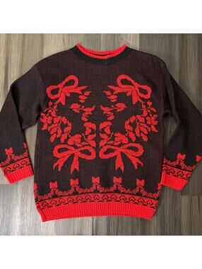 Vintage Christmas Sweater Bows Red Black Women's Size Medium USA Made Crewneck